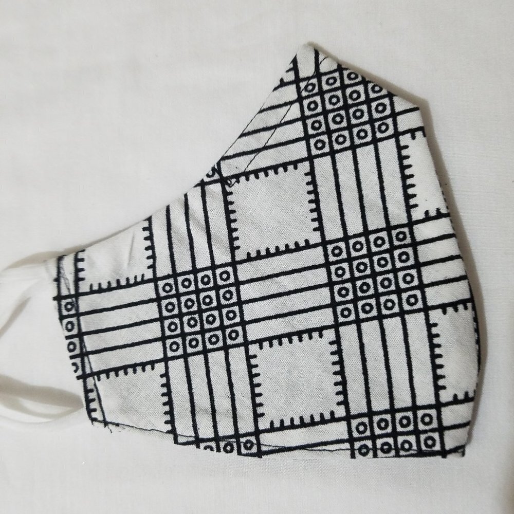 Hand Crafted Face Mask Reversible African Wax Print White and Black Adult Size